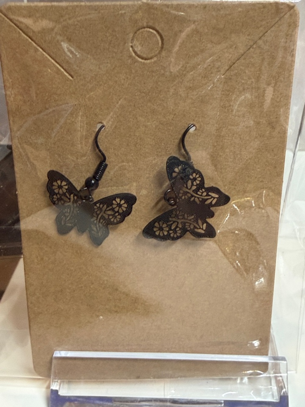 Butterfly Filigree Drop Earrings - Black